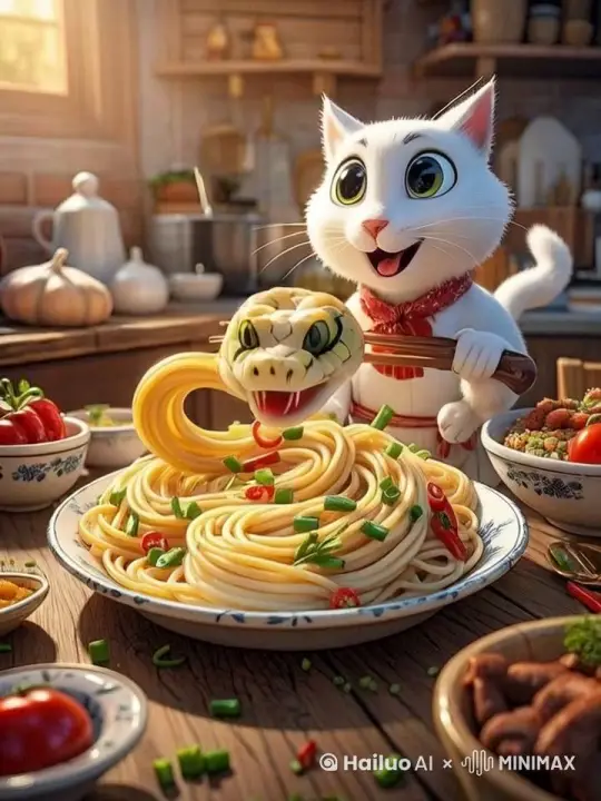 蛇和猫欢快的互动 面条蛇快速盘旋，吐信子舞蹈 by Hailuo AI Video Generator