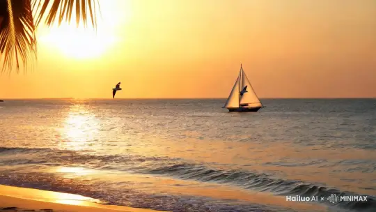 在夕阳西下的海边沙滩上，海面波涛金光闪闪，椰树郁郁葱葱，远方海面上一艘帆船随着微风缓缓前行，夕阳下两三只海鸥上下飞舞。 by Hailuo AI Video Generator