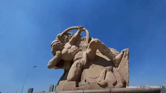 让画面中的英雄从雕塑中幻化成走出画面射向天空 by Hailuo AI Video Generator