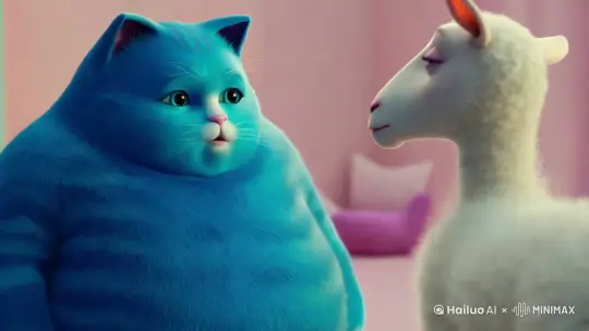 一个蓝色胖猫人在问一个白色的美丽的瘦羊人一些问题 by Hailuo AI Video Generator