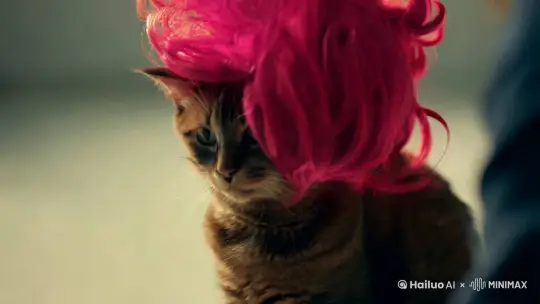 主人给猫戴上一个假发套，假发颜色奇怪。猫先是试图甩掉假发，甩不掉后直接一爪子打掉假发。猫盯着假发的眼神中充满嫌弃，然后回头瞪主人 by Hailuo AI Video Generator