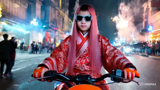 一名 16岁的广东潮汕女孩，一头稀疏桃红色的长直发，身穿红白汉服锦袍，戴着未来战士的墨镜，驾驶一辆橘黄色摩托车。在背景中，人们正沿着一条城市街道欢庆，街道上充满了爆竹和烟花，营造出一种戏剧性的喜气洋洋气氛。 by Hailuo AI Video Generator