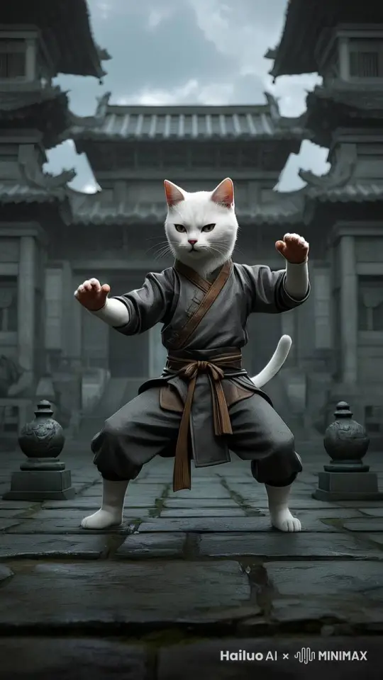 猫，后撤一步，做出拳击准备姿势，出拳收拳，再出拳收拳，踢腿收腿，再出拳， by Hailuo AI Video Generator