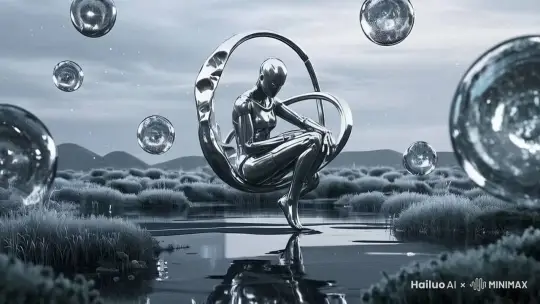 镜头缓缓旋转，液体金属流动，金属人变化，玻璃球体漂浮 by Hailuo AI Video Generator