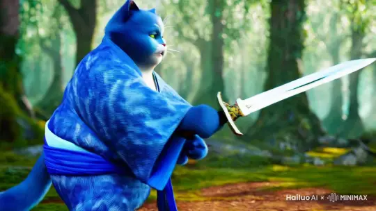 一个蓝色的胖猫人拿着武士刀跟一只枭打起来，蓝色的胖猫人拿着武士刀向前突刺，却被枭踩撞到然后被打 by Hailuo AI Video Generator