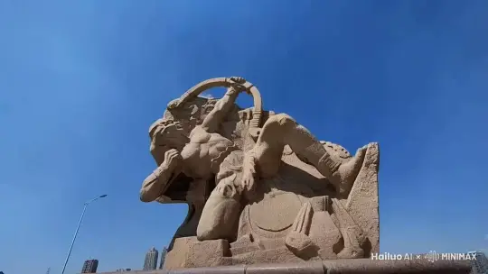 让画面中的英雄从雕塑中幻化成走出画面射向天空 by Hailuo AI Video Generator