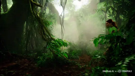 镜头穿过茂密的丛林深处，薄雾笼罩着整个场景，树影在雾中扭曲变形。一位女探险家挥舞着一把古老的短剑，小心翼翼地穿梭在藤蔓之间。镜头从她的肩后滑过，捕捉到她锐利的目光和敏捷的动作。她推开挡路的枝叶，露出一座隐藏在丛林深处的废弃寺庙，镜头缓缓上移，露出寺庙的全貌和她的身影。随着她一步步靠近，镜头推近她的背部，女人身上的汗水不断流下。 by Hailuo AI Video Generator