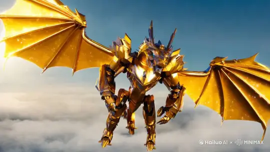 金色的神龙机甲，展开北部金色的翅膀在空中翱翔 by Hailuo AI Video Generator