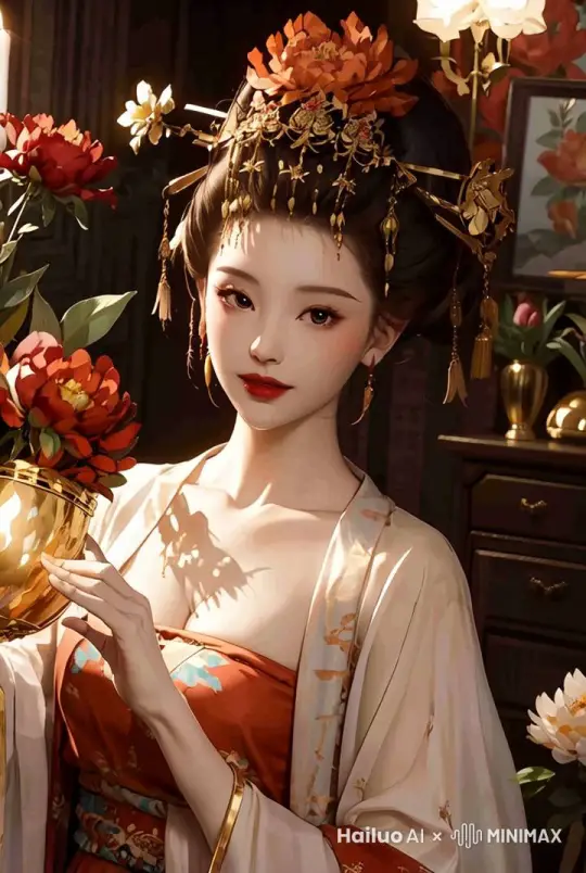 镜头拉远，展示人物在室内行走时头上的装饰摇晃的姿势 by Hailuo AI Video Generator