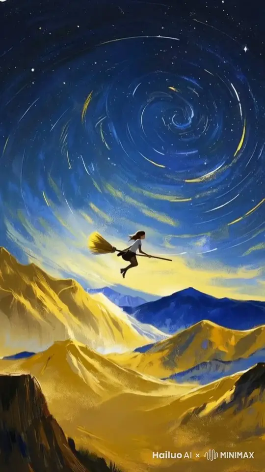 小女孩骑着扫把飞，星空旋转 by Hailuo AI Video Generator