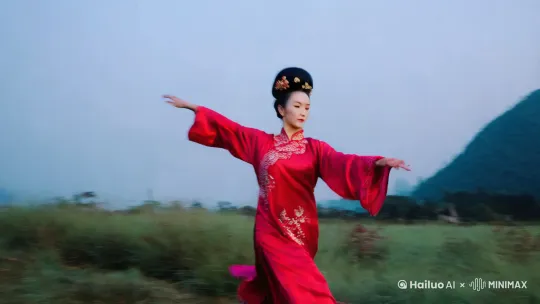 远处，中国古装女子，在空中翱翔，镜头跟随，穿红色衣服，动态运动、动态模糊、延时摄影、超高速、30 倍速、电影效果、柔和色调。 by Hailuo AI Video Generator