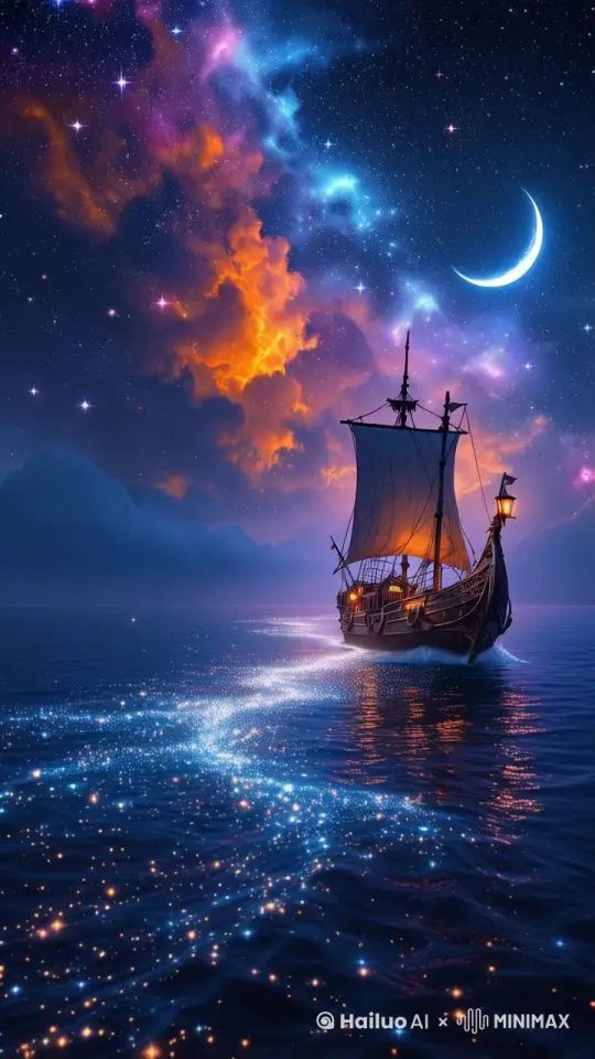 夜空中的星星闪烁，海面波浪缓慢起伏，船随着海面波浪缓慢起伏 by Hailuo AI Video Generator
