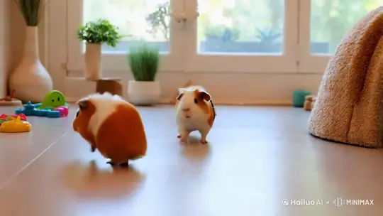 两只可爱的荷兰猪在一起愉快的玩耍 by Hailuo AI Video Generator