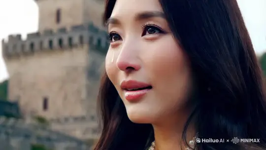 女子脸部特写，美丽的江南美女 容颜，篇长发精致的淡妆，表情由意外到惊喜再到微笑而埋怨的落泪，微笑的同时头部轻轻的摇动。摄影作品，场景在古堡内
 by Hailuo AI Video Generator
