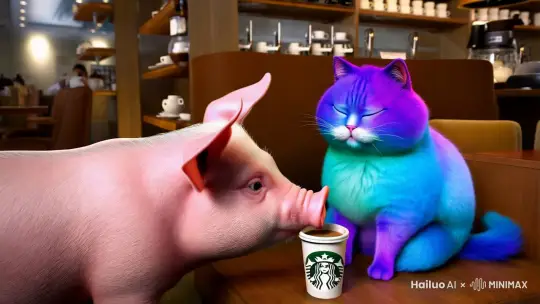 一只猪和一只蓝色的胖猫在和星巴克 by Hailuo AI Video Generator