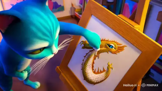 画一只蓝色的猫正在画奶龙 by Hailuo AI Video Generator