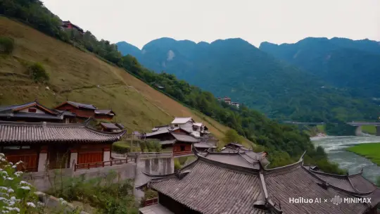 远近拍摄，中国的一个小山村，有的房屋在半山坡上，有的房屋在山脚下。远景拍摄，山坡空地上是庄稼地，地边有一条小河，河上面有一座石桥。全景拍摄，石桥的桥头有一棵参天大树。中景拍摄，树下有几个老人在聊天。 by Hailuo AI Video Generator