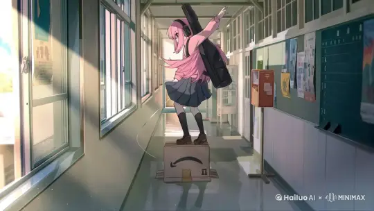 女离开板条箱，然后继续沿着走廊走。 by Hailuo AI Video Generator