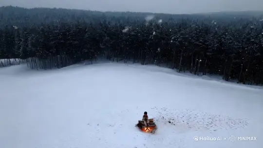 镜头一开始俯拍一片森林中，北风呼啸，天空飘洒这雪花，天地间白雪茫茫，镜头从远拉近。一位身着破烂衣服的小男孩独自站在空地中央。他的破衣服洞中漏出杂草和棉絮，下半身的裤子只有大半截，裤子长度刚到膝盖，脚上的破草鞋也掉了一只，雪地上留下两行深浅不一的脚印，小男孩坐在一捆木柴上，双手呵了几口热气，将手塞进了腋下捂住。镜头从上环绕小男孩，然后拉近至小男孩冻的发红的脸上。镜头最终聚焦在他的脸上特写 by Hailuo AI Video Generator
