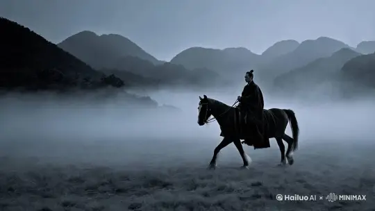 a man riding his horse in the fog, in the style of black and white photography, dark gray and light blue, chinese art, misty mountains, surrealism, serene atmosphere by Hailuo AI Video Generator