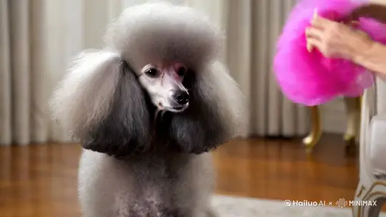 主人给灰泰迪犬戴上一个假发套，假发颜色奇怪。灰泰迪犬先是试图甩掉假发，甩不掉后直接一爪子打掉假发。灰泰迪犬盯着假发的眼神中充满嫌弃，然后掉头离开 by Hailuo AI Video Generator