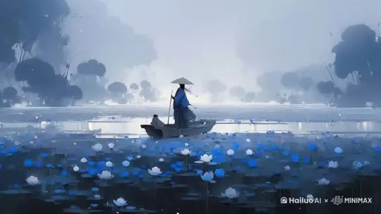 船上的人在动，衣服被风吹动，水在流动湖上的花在飘动。 by Hailuo AI Video Generator