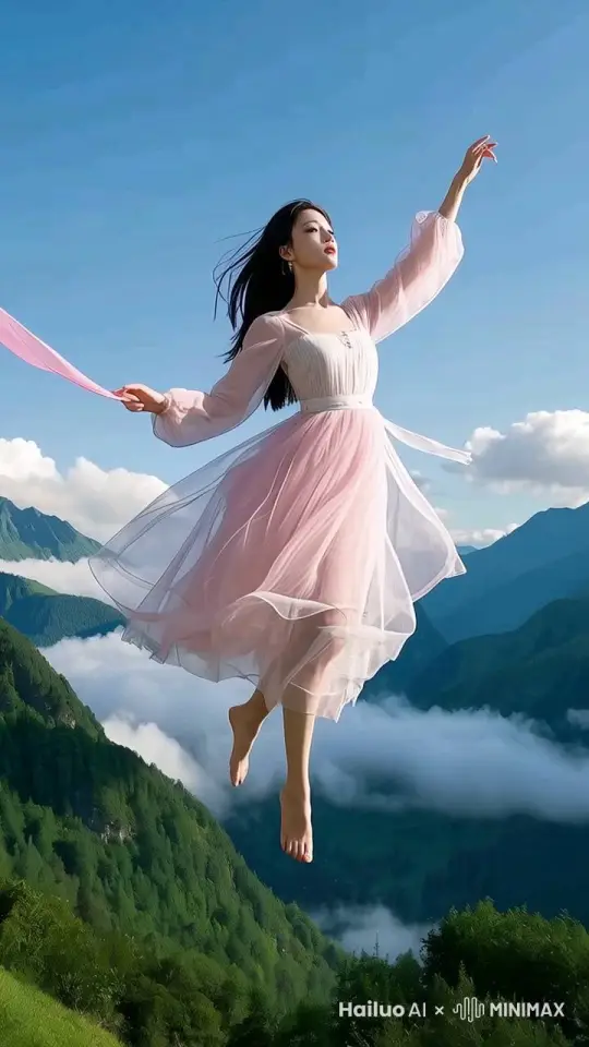 图片中美丽的女子，伸展双臂，在空中做出旋转舞蹈动作，同时面向镜头飞向高处，衣袖和彩带在风中飘动， by Hailuo AI Video Generator