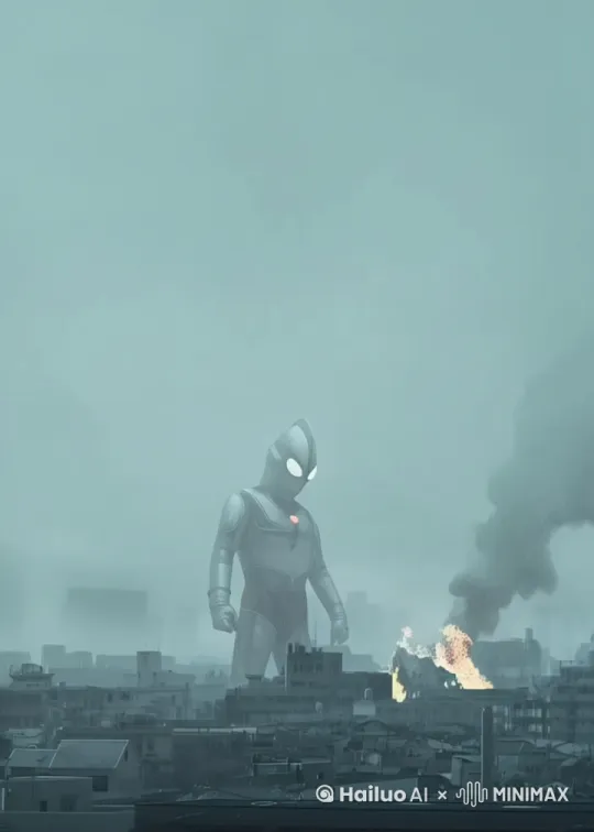 奥特曼呼吸胸口起伏，下雨场景，楼房上的火焰燃烧 by Hailuo AI Video Generator