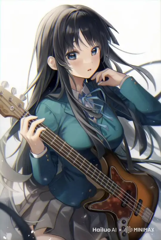 一个女孩正对着镜头，时不时眨眼，头发飘动，拿着贝斯轻轻摆动 by Hailuo AI Video Generator