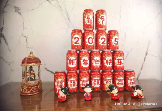 过来一个小女孩，穿红色的花棉袄，喜气洋洋的，打开一瓶桌子上的可乐就喝了，然后开心的笑了！ by Hailuo AI Video Generator