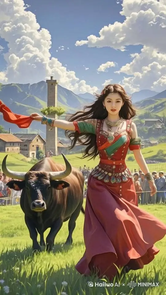 美女对着黑水牛连脚环快速踢了起来 by Hailuo AI Video Generator