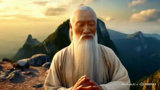 一个人仙风道骨的老道士，站在山顶，突然道士从山顶纵身跳起，在半空中大跨步的在半空中行走， by Hailuo AI Video Generator
