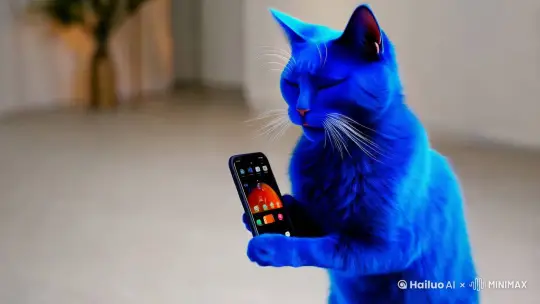 一只蓝色的猫，拿着手机在放音乐，嘴上还唱着歌，然后过来了一个老太太，这只蓝色的猫和它一起跳舞 by Hailuo AI Video Generator