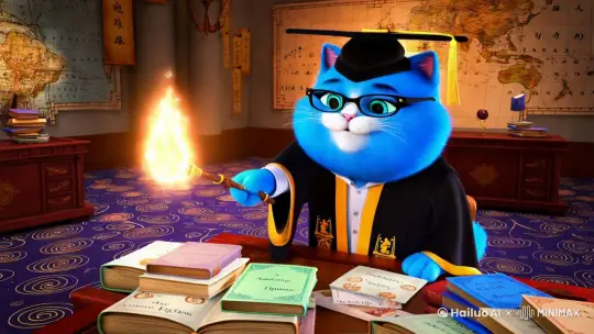 一只拟人化的蓝色胖猫穿着学士服，戴着眼镜，坐在堆满书籍和试卷的书桌前，书桌位于一个充满魔法氛围的书房内，墙壁上挂着古老的地图和写满神秘符文的羊皮纸，地上铺着带有星座图案的地毯。猫咪手中拿着一根魔杖，魔杖顶端闪烁着知识的光芒，照亮了周围悬浮的各种学科的书籍，如数学、语文、英语等，它面带自信的微笑，对着镜头眨眼睛说话，仿佛在邀请观众参与这场挑战。 by Hailuo AI Video Generator