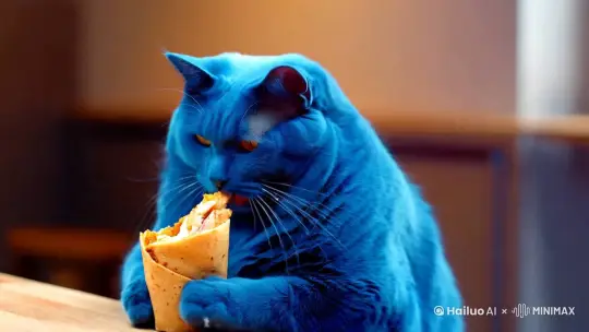 蓝色的肥猫正在吃鸡肉卷时，鸡肉卷里喷出了牛奶 by Hailuo AI Video Generator