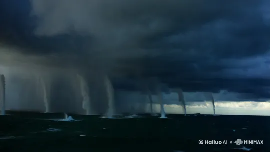 黑色云特别多，下很大的暴雨  海面上有水龙卷，闪电很亮很大 by Hailuo AI Video Generator