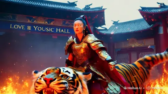 爱尤西克堂,侧视图，一位美女战士骑着一只巨大的妖虎从火海中走出来,气势汹汹,身穿金红色金属铠甲,细节精致,喷火的眼睛,激烈的场景,画质高清,极致细致的CG,完美的光影，粒子特效，火焰渲染
   慢快门摄影运动模糊，赛璐璐，杰作，最佳画质，真实感，渲染逼真，景深1.2，背景虚化，胶片颗粒1.4，超广角，戏剧性构图，最美形态的肖像混乱、优雅 by Hailuo AI Video Generator