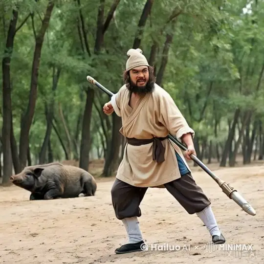 让后面的野猪变成一辆车撞飞前面的人再变成前面的人的样子 by Hailuo AI Video Generator