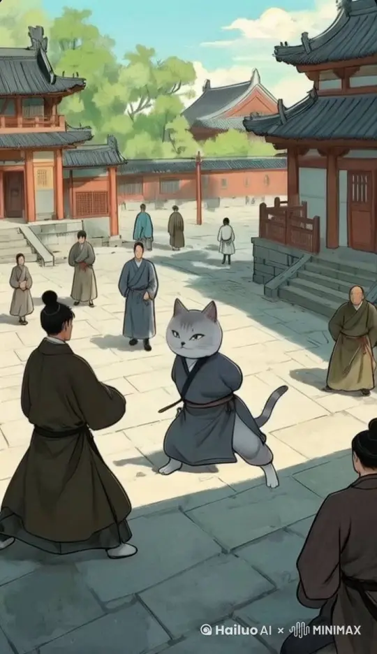 猫继续攻击人，人随后逃跑，随后猫走入旁边房中。 by Hailuo AI Video Generator