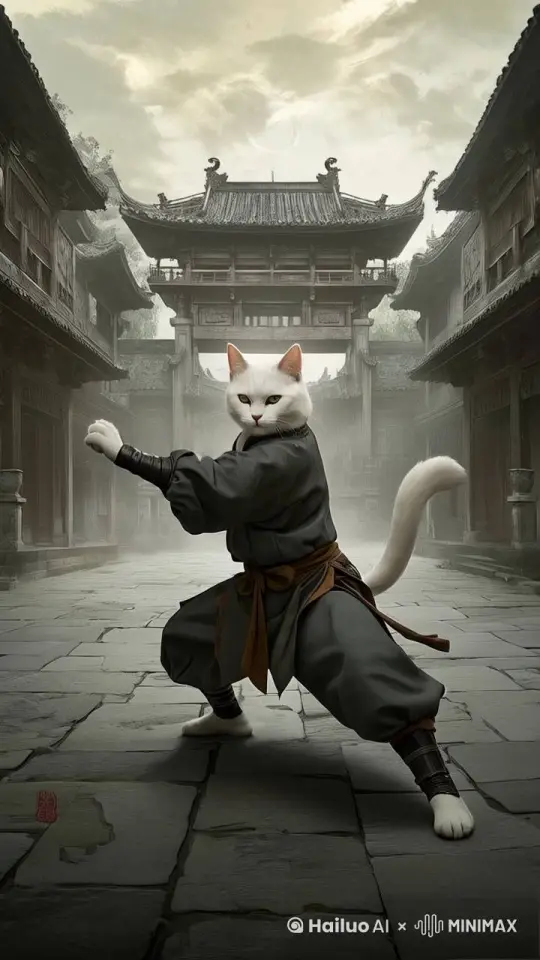 猫，后撤一步，做出拳击准备姿势，出拳收拳，再出拳收拳，踢腿收腿，再出拳， by Hailuo AI Video Generator