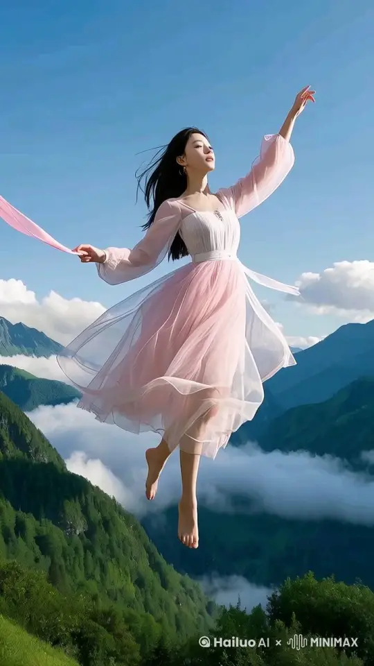 图片中美丽的女子，伸展双臂，在空中做出舞蹈踢腿动作，同时飞向高处，衣袖和彩带在风中飘动， by Hailuo AI Video Generator