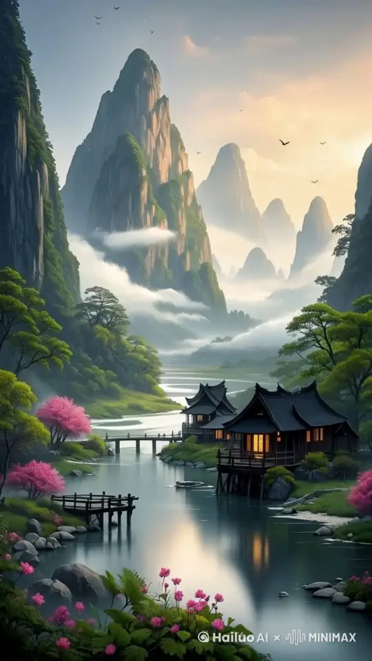 溪水潺潺，云雾缭绕。延后摄像风格 by Hailuo AI Video Generator