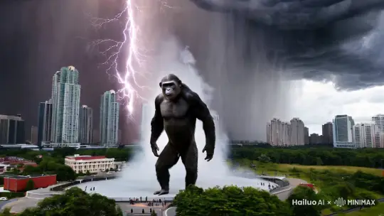 **镜头四：风暴中的宁静**

**镜头描述**：
在超广角超大远景的视角下，画面展现了一个超现实主义的宁静场景。龙卷风在巨大的建筑物和自然景观间肆虐，而在这风暴的中心，巨大的人猿却表现出一种超然的宁静。它的姿态优雅，仿佛在风暴中找到了自己的舞台，与五十层楼高的建筑物相比，人猿显得更加壮观。人猿的舞步在龙卷风的呼啸声中显得格外清晰，每一个动作都似乎在与自然的狂暴力量对话。

天空中的平行闪电继续划过，但在人猿的周围，却形成了一种奇异的平静区域，仿佛它的存在本身就能够平息风暴的怒吼。渺小的人类在远处观望，他们的身影在巨大的场景中几乎无法辨认，但他们的存在为这个超现实的画面增添了一丝生活的气息。色彩在这里变得更加柔和，以灰色和蓝色为主调，强调了风暴的冷酷与宁静的对比。

 


 
 by Hailuo AI Video Generator