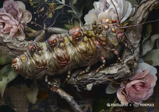 一只细节丰富的昆虫在慢慢扭动身躯和肢体爬行 by Hailuo AI Video Generator