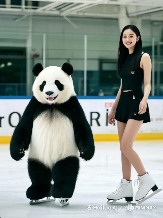 随着圆舞曲的旋律，美女和熊猫的舞步逐渐同步，他们的互动充满了幽默和温馨，每一个动作都充满了故事。美女的每一个旋转都像是在冰面上绘制一幅流动的画卷，长发随着她的动作在空中划出优雅的弧线，仿佛是夜空中最亮的星。熊猫虽然动作略显笨拙，但它的每一个尝试都显得那么可爱，黑白相间的毛发在冰面上形成鲜明的对比，就像是一幅生动的水墨画。他们的目光不时交汇，美女的微笑和熊猫的憨态可掬，构成了一幅动人的画面。8K的高清画质捕捉到了每一个微小的表情和动作，使得这一瞬间的温馨和快乐仿佛可以穿透屏幕，直击人心。 by Hailuo AI Video Generator