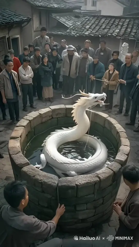 摄影镜头移动跟随白龙，白龙长出一对翅膀，煽动翅膀飞走了，周围的人指指点点 by Hailuo AI Video Generator