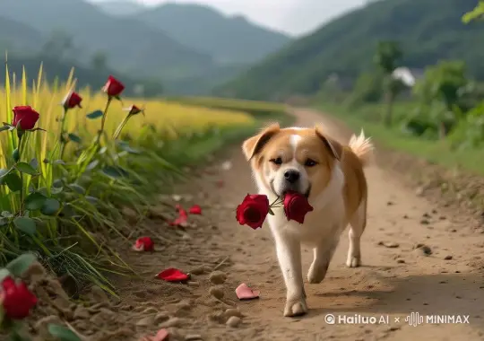 阿基宠物狗对着镜头，边走边摇头摆尾，像是在跳摇摆舞，像参加达人秀节目 by Hailuo AI Video Generator