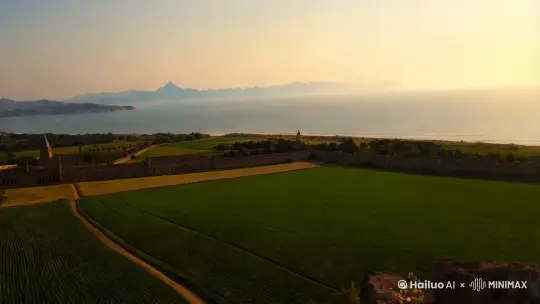 场景转向初夏时节,农作物随风如绿浪摇曳,阳光洒在田野与城墙上,增添几分静谧与活力。远处三面环海的海岸线隐约可见,微风带来海洋的气息。镜头最终定格在晴朗的天空下,视线越过高山与海洋,眺望北方遥远的凯耳国,壮丽与烟火气息交织,呈现门哈罗亚城的独特风貌。
by Hailuo AI Video Generator