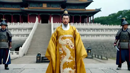 中国古代，古香古色壮观的皇宫大殿外，一位五十岁，高绾发髻，短须，身穿唐代金黄色龙袍的皇帝站在殿前高台上龙案前惊讶的看着前方，两位身穿唐代盔甲的护卫举刀挡在皇帝身前。 by Hailuo AI Video Generator