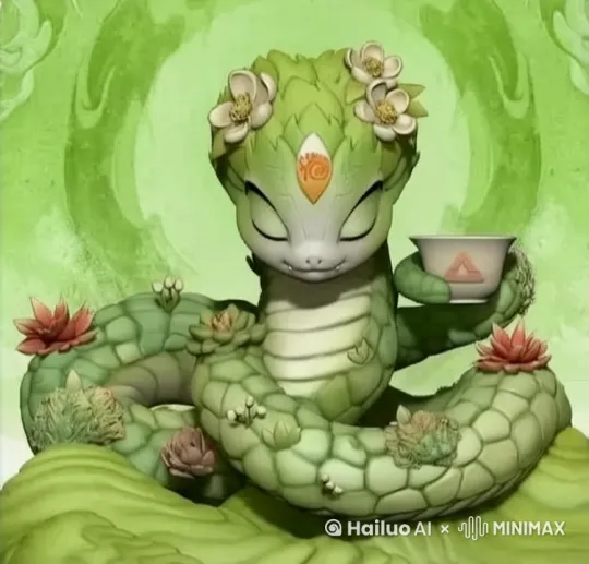 动画风格，蛇睁开眼睛，尾巴举着热茶杯伸向镜头。高质量 by Hailuo AI Video Generator